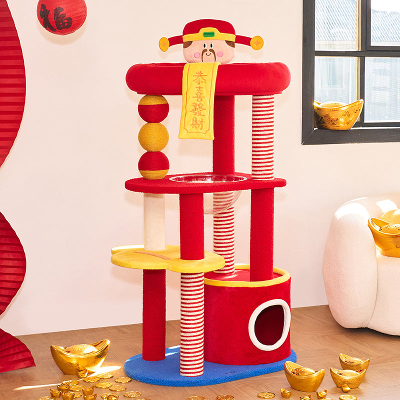 Contemporary Creative Round Medium-Density Fiberboard Velvet Fabric Hemp Rope 2-Condo 2-Perch Cat Tree For Living Room Cuvalon