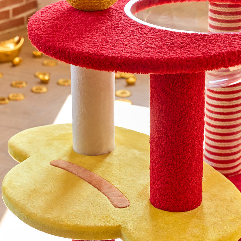 Contemporary Creative Round Medium-Density Fiberboard Velvet Fabric Hemp Rope 2-Condo 2-Perch Cat Tree For Living Room Cuvalon