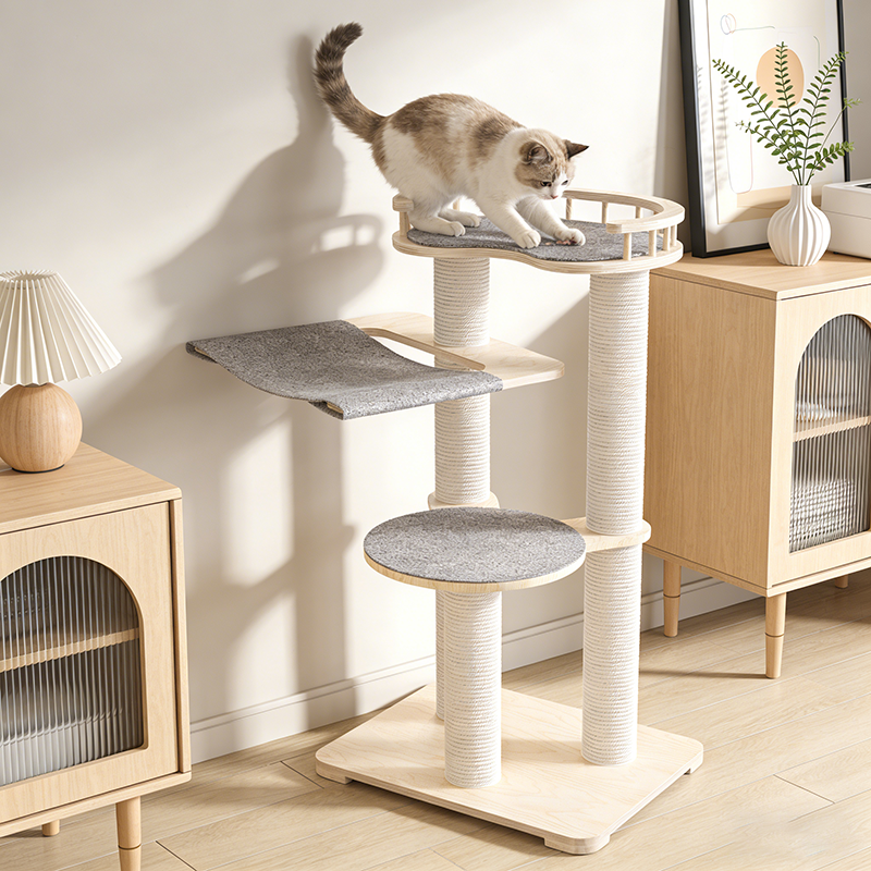 Contemporary Scandinavian Round Plywood Felt Paper Rope Cat Tree For Bedroom Cuvalon