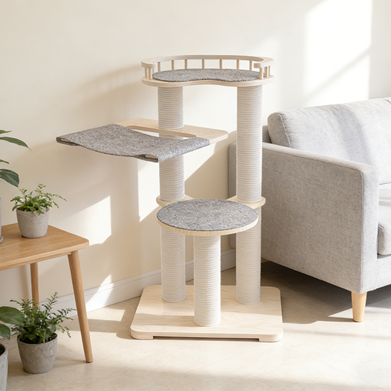 Contemporary Scandinavian Round Plywood Felt Paper Rope Cat Tree For Bedroom Cuvalon