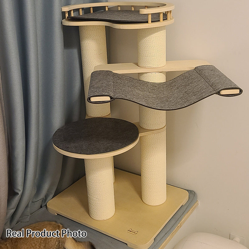 Contemporary Scandinavian Round Plywood Felt Paper Rope Cat Tree For Bedroom Cuvalon