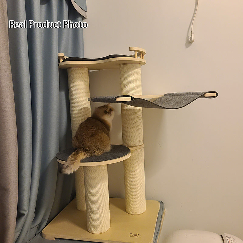 Contemporary Scandinavian Round Plywood Felt Paper Rope Cat Tree For Bedroom Cuvalon
