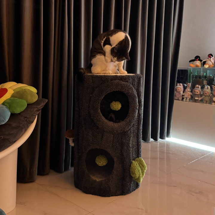 Contemporary Creative Round Medium-Density Fiberboard Velvet Fabric Sisal 1/2-Condo 1-Perch Cat Tree For Bedroom Cuvalon