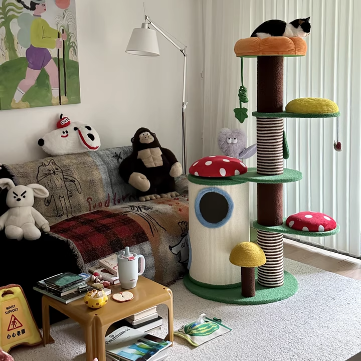 Contemporary Creative Round Particleboard Paper Tube Corduroy Hemp Rope 2-Condo 4-Perch Cat Tree For Bedroom Cuvalon