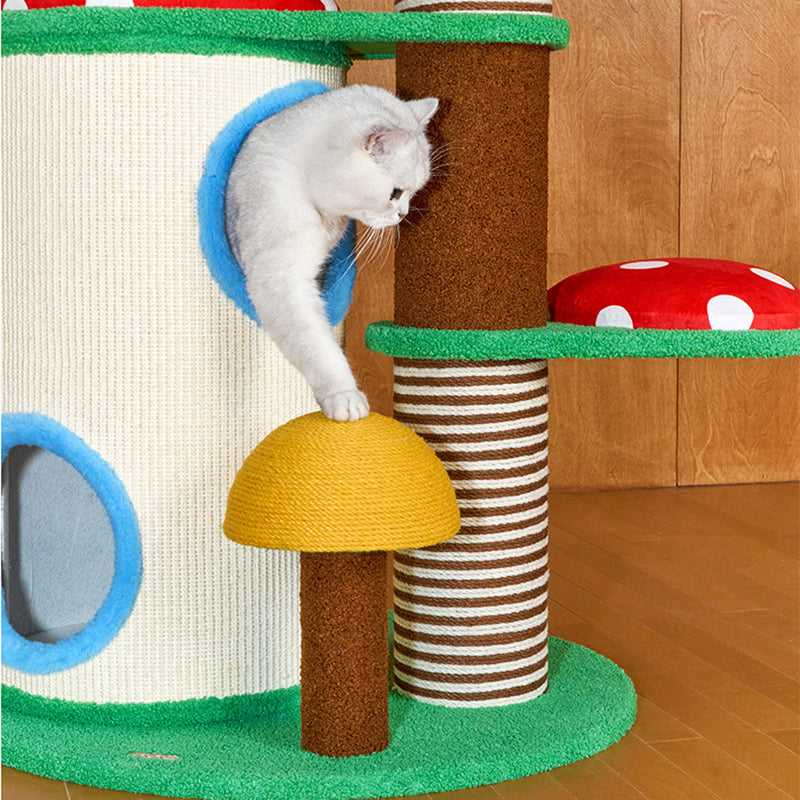 Contemporary Creative Round Particleboard Paper Tube Corduroy Hemp Rope 2-Condo 4-Perch Cat Tree For Bedroom Cuvalon