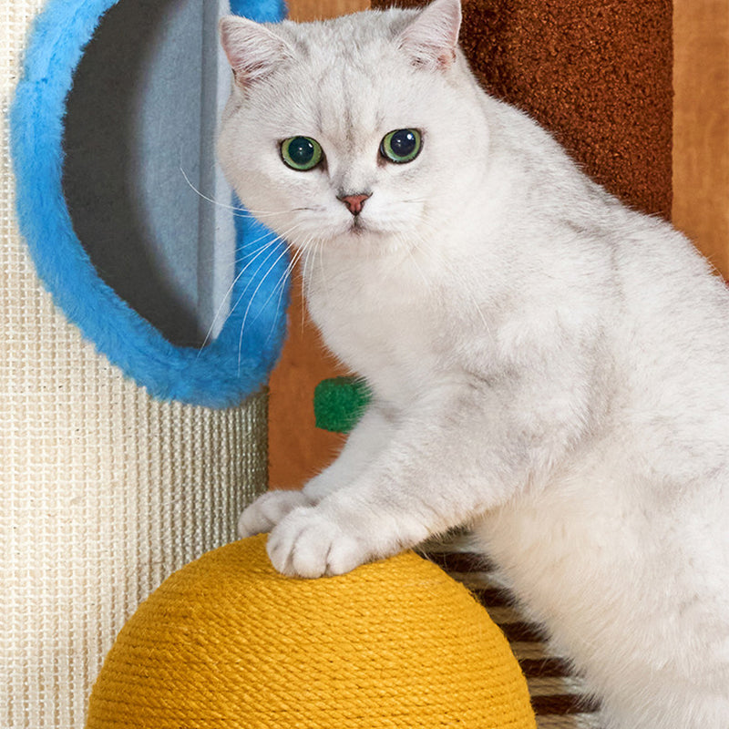 Contemporary Creative Round Particleboard Paper Tube Corduroy Hemp Rope 2-Condo 4-Perch Cat Tree For Bedroom Cuvalon