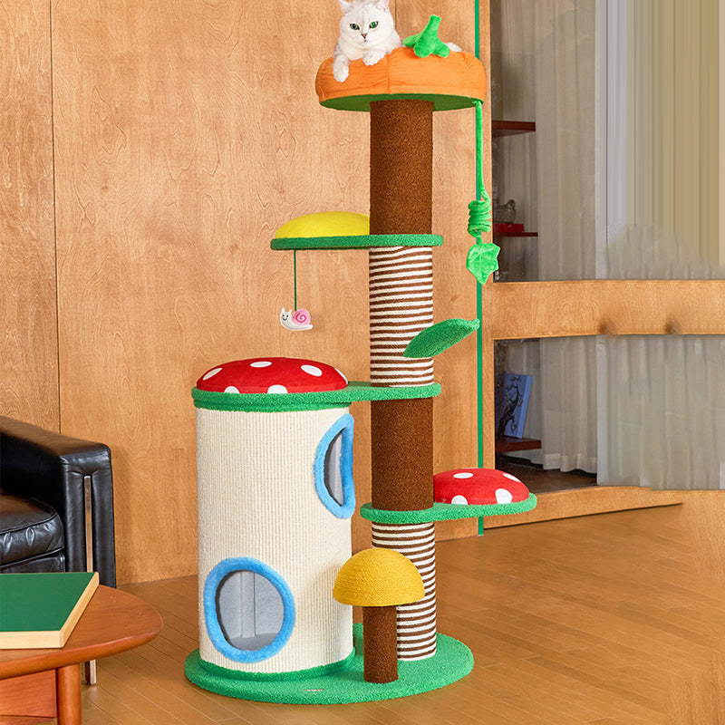 Contemporary Creative Round Particleboard Paper Tube Corduroy Hemp Rope 2-Condo 4-Perch Cat Tree For Bedroom Cuvalon