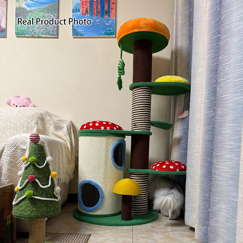 Contemporary Creative Round Particleboard Paper Tube Corduroy Hemp Rope 2-Condo 4-Perch Cat Tree For Bedroom Cuvalon