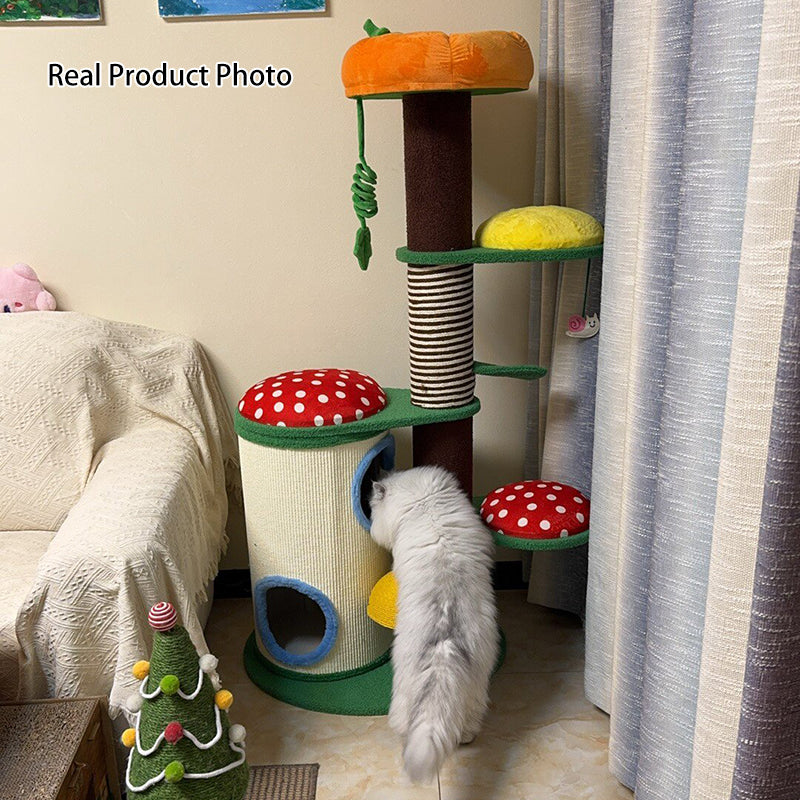 Contemporary Creative Round Particleboard Paper Tube Corduroy Hemp Rope 2-Condo 4-Perch Cat Tree For Bedroom Cuvalon