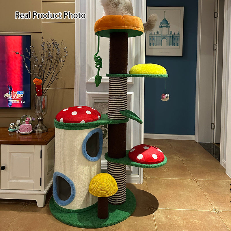 Contemporary Creative Round Particleboard Paper Tube Corduroy Hemp Rope 2-Condo 4-Perch Cat Tree For Bedroom Cuvalon