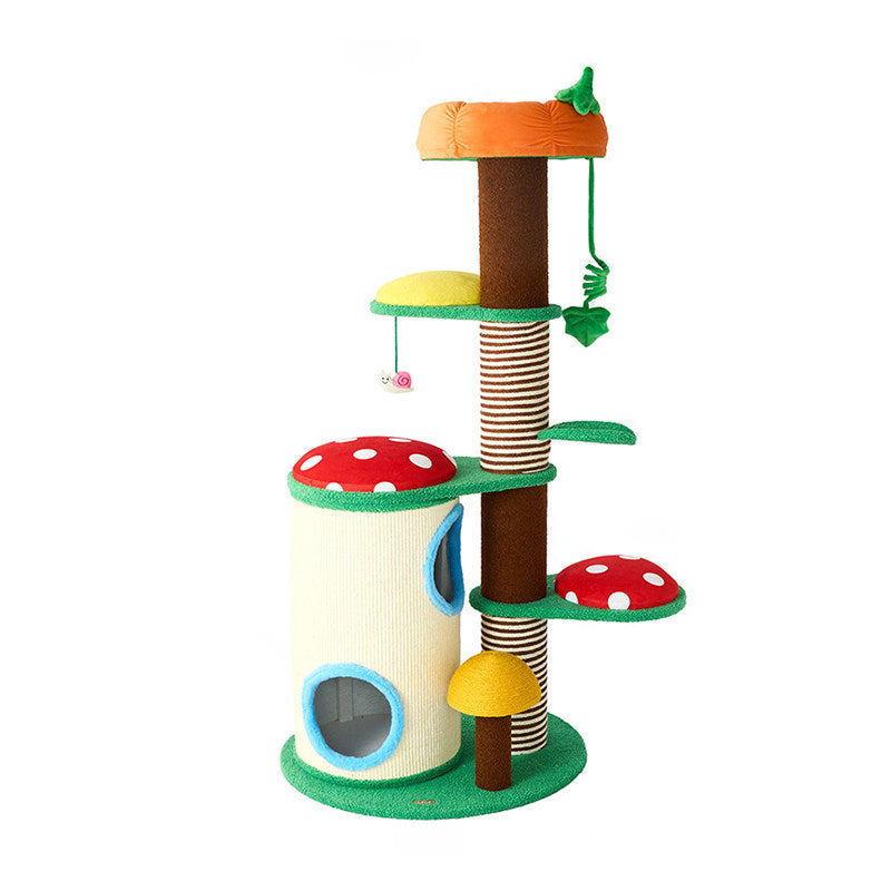 Contemporary Creative Round Particleboard Paper Tube Corduroy Hemp Rope 2-Condo 4-Perch Cat Tree For Bedroom Cuvalon