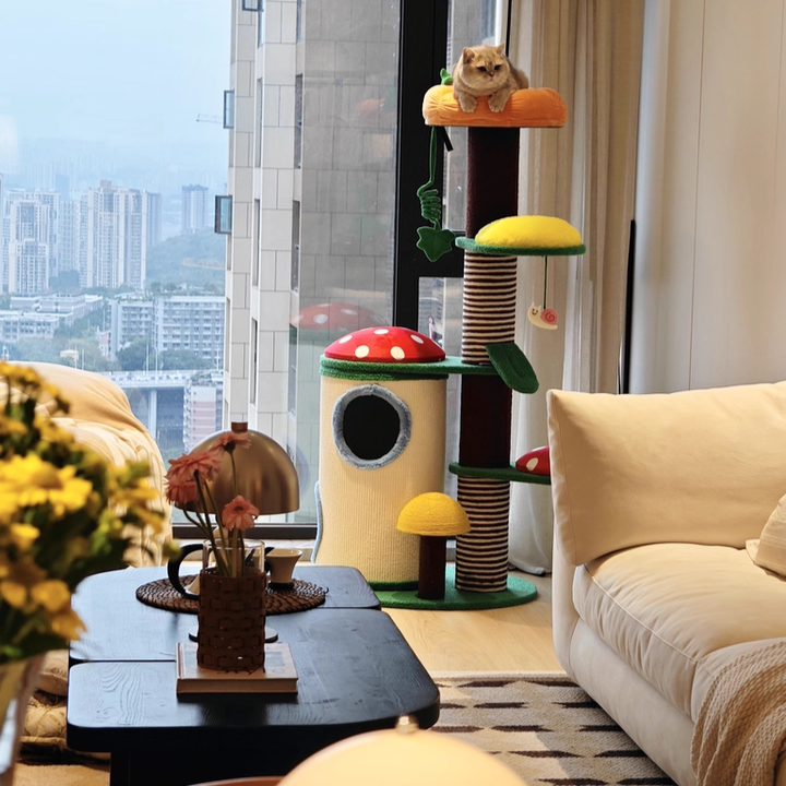 Contemporary Creative Round Particleboard Paper Tube Corduroy Hemp Rope 2-Condo 4-Perch Cat Tree For Bedroom Cuvalon