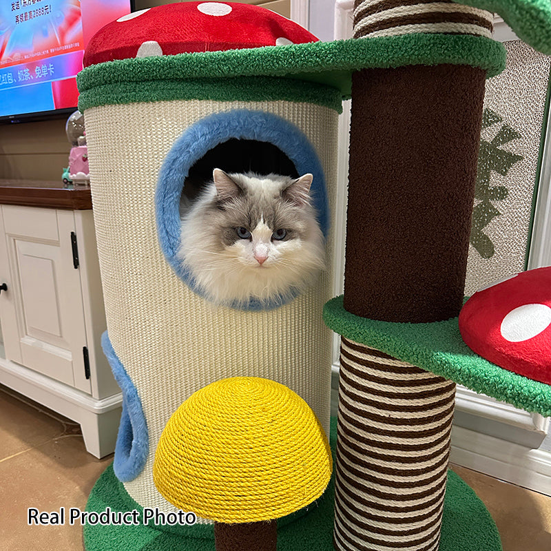 Contemporary Creative Round Particleboard Paper Tube Corduroy Hemp Rope 2-Condo 4-Perch Cat Tree For Bedroom Cuvalon