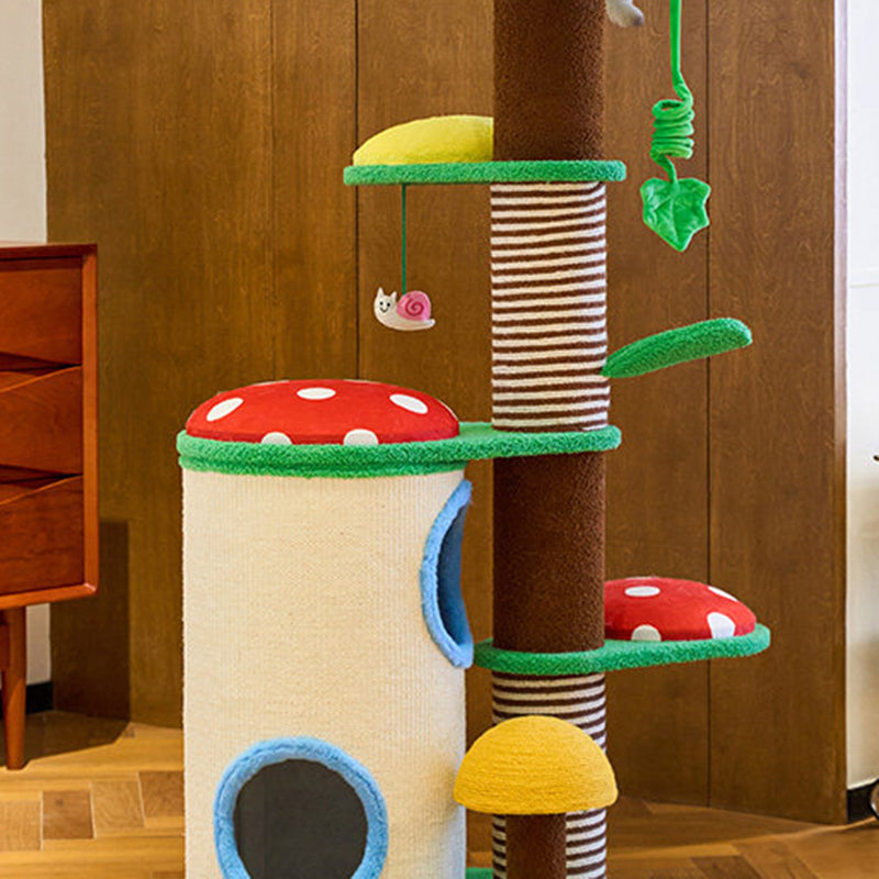 Contemporary Creative Round Particleboard Paper Tube Corduroy Hemp Rope 2-Condo 4-Perch Cat Tree For Bedroom Cuvalon