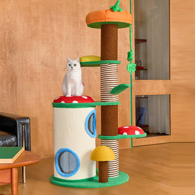 Contemporary Creative Round Particleboard Paper Tube Corduroy Hemp Rope 2-Condo 4-Perch Cat Tree For Bedroom Cuvalon