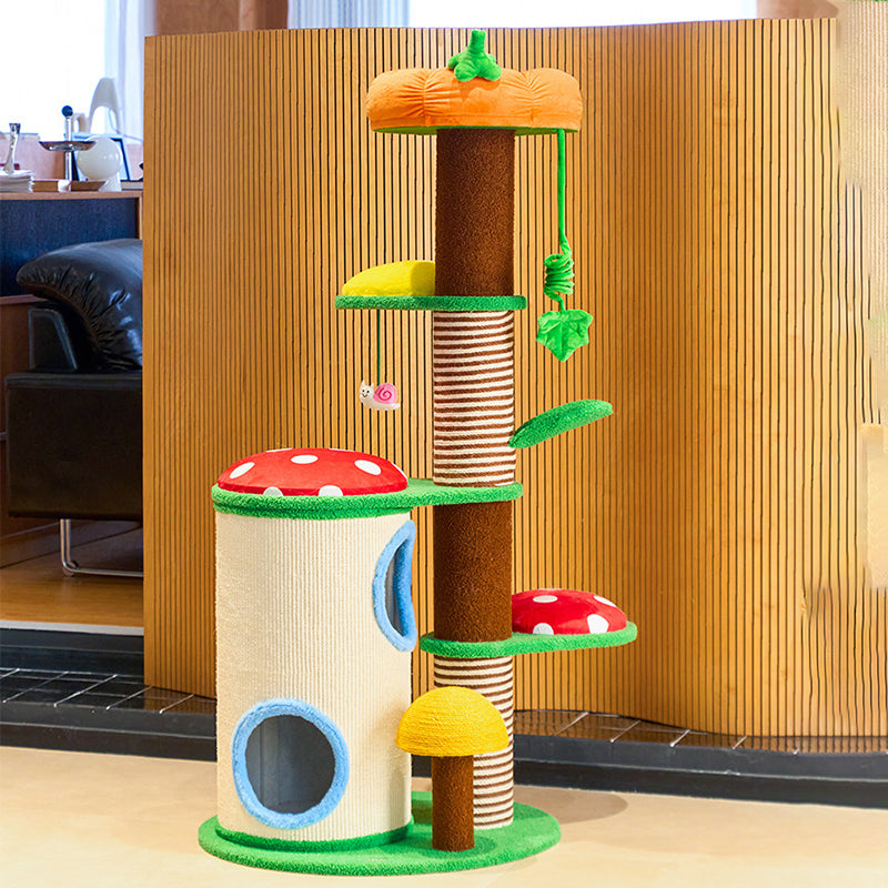 Contemporary Creative Round Particleboard Paper Tube Corduroy Hemp Rope 2-Condo 4-Perch Cat Tree For Bedroom Cuvalon