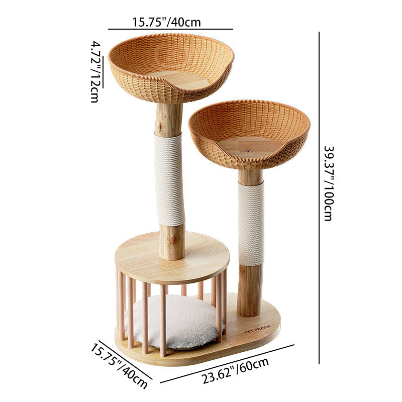 Traditional Japanese Round Rubberwood Natural Fruitwood Sisal 1-Condo 2-Perch Cat Tree For Bedroom Cuvalon