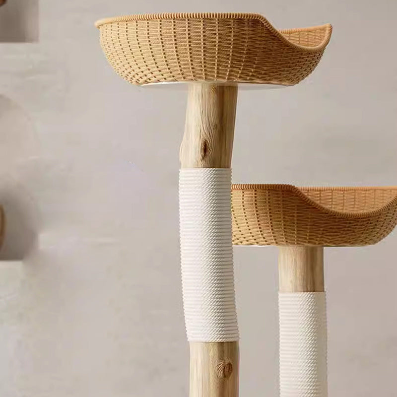 Traditional Japanese Round Rubberwood Natural Fruitwood Sisal 1-Condo 2-Perch Cat Tree For Bedroom Cuvalon