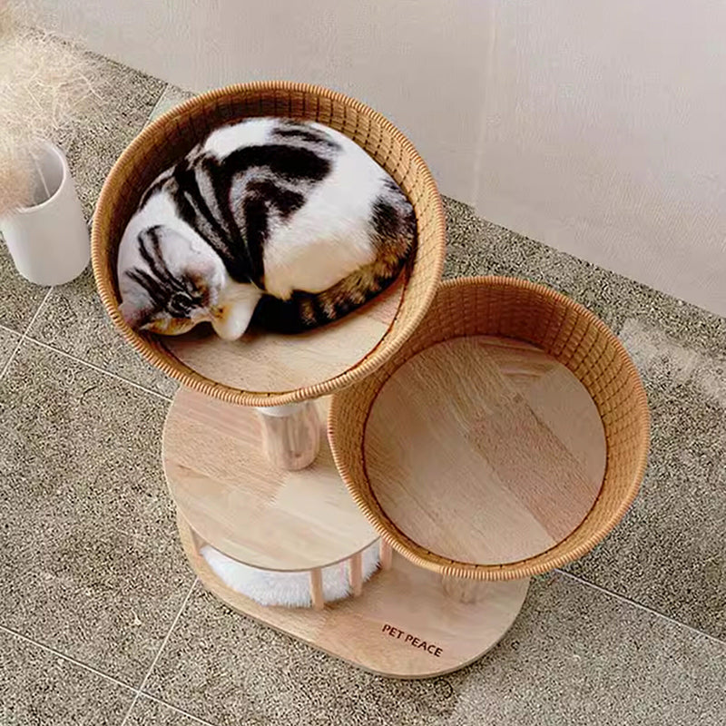 Traditional Japanese Round Rubberwood Natural Fruitwood Sisal 1-Condo 2-Perch Cat Tree For Bedroom Cuvalon