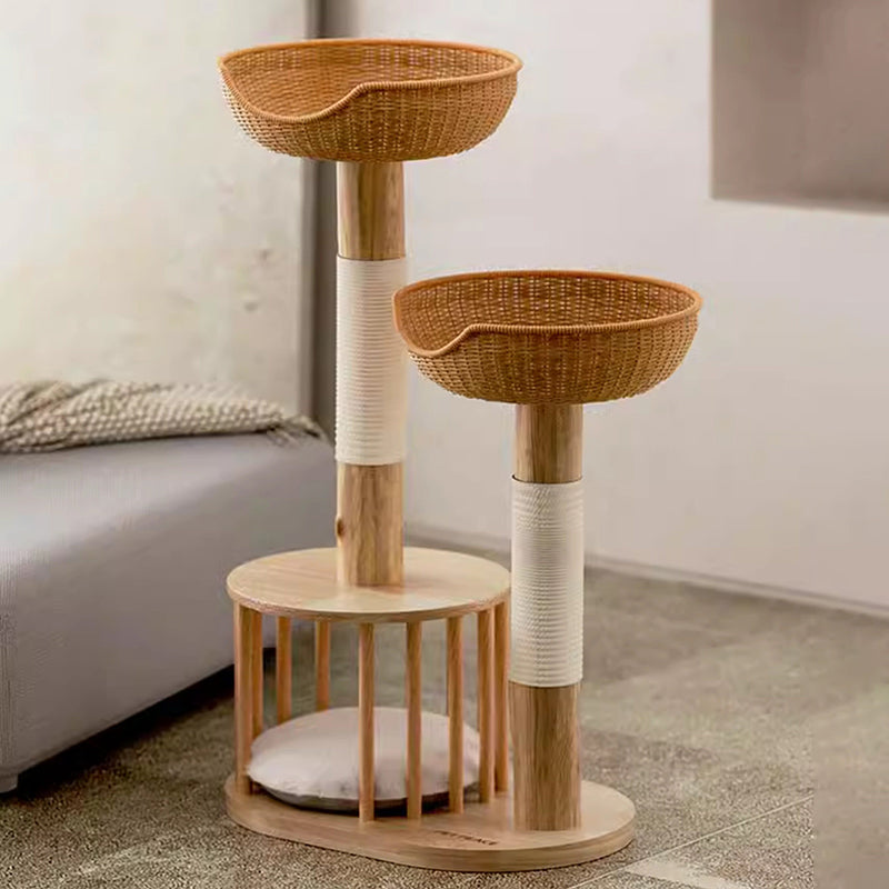 Traditional Japanese Round Rubberwood Natural Fruitwood Sisal 1-Condo 2-Perch Cat Tree For Bedroom Cuvalon