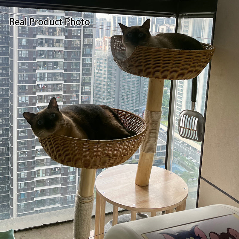 Traditional Japanese Round Rubberwood Natural Fruitwood Sisal 1-Condo 2-Perch Cat Tree For Bedroom Cuvalon