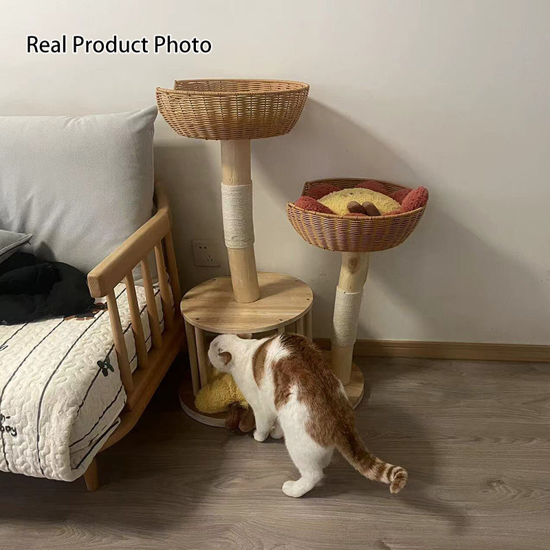 Traditional Japanese Round Rubberwood Natural Fruitwood Sisal 1-Condo 2-Perch Cat Tree For Bedroom Cuvalon