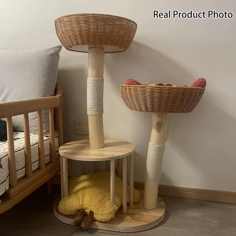 Traditional Japanese Round Rubberwood Natural Fruitwood Sisal 1-Condo 2-Perch Cat Tree For Bedroom Cuvalon