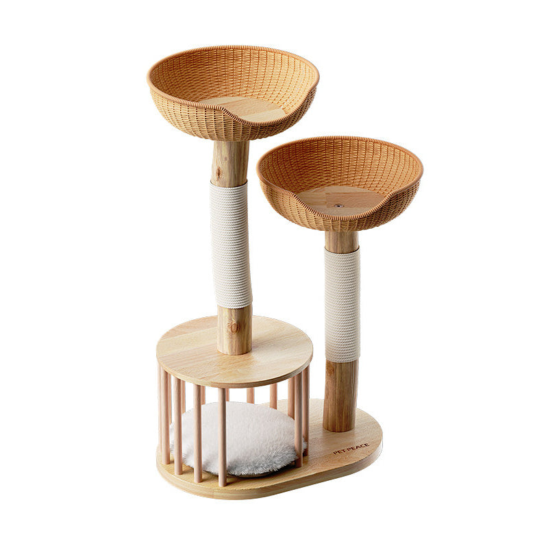 Traditional Japanese Round Rubberwood Natural Fruitwood Sisal 1-Condo 2-Perch Cat Tree For Bedroom Cuvalon
