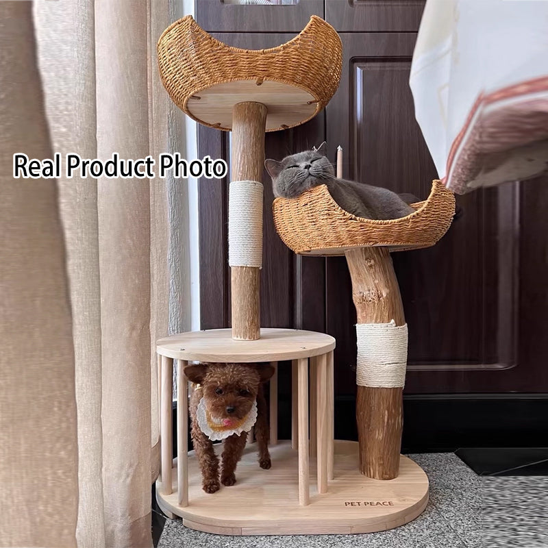 Traditional Japanese Round Rubberwood Natural Fruitwood Sisal 1-Condo 2-Perch Cat Tree For Bedroom Cuvalon