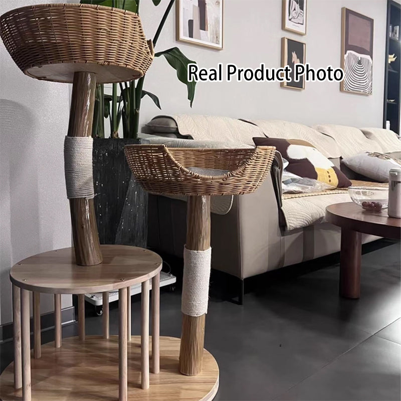 Traditional Japanese Round Rubberwood Natural Fruitwood Sisal 1-Condo 2-Perch Cat Tree For Bedroom Cuvalon