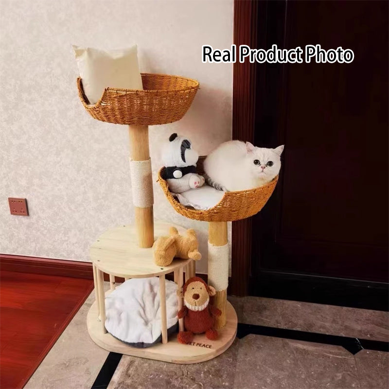 Traditional Japanese Round Rubberwood Natural Fruitwood Sisal 1-Condo 2-Perch Cat Tree For Bedroom Cuvalon
