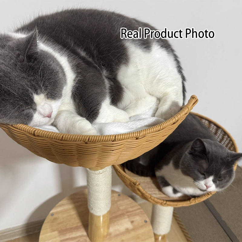 Traditional Japanese Round Rubberwood Natural Fruitwood Sisal 1-Condo 2-Perch Cat Tree For Bedroom Cuvalon