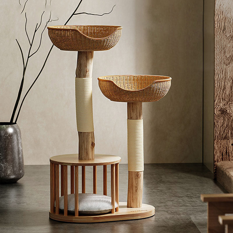 Traditional Japanese Round Rubberwood Natural Fruitwood Sisal 1-Condo 2-Perch Cat Tree For Bedroom Cuvalon