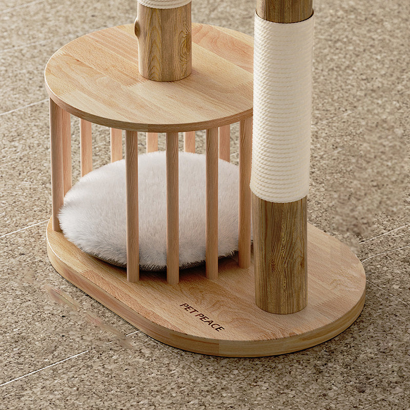 Traditional Japanese Round Rubberwood Natural Fruitwood Sisal 1-Condo 2-Perch Cat Tree For Bedroom Cuvalon