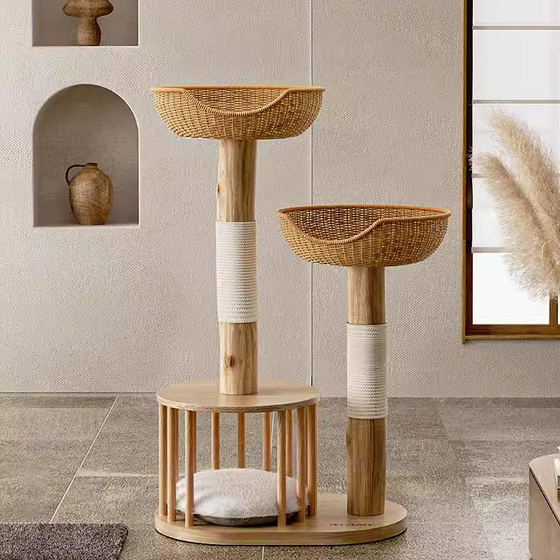 Traditional Japanese Round Rubberwood Natural Fruitwood Sisal 1-Condo 2-Perch Cat Tree For Bedroom Cuvalon