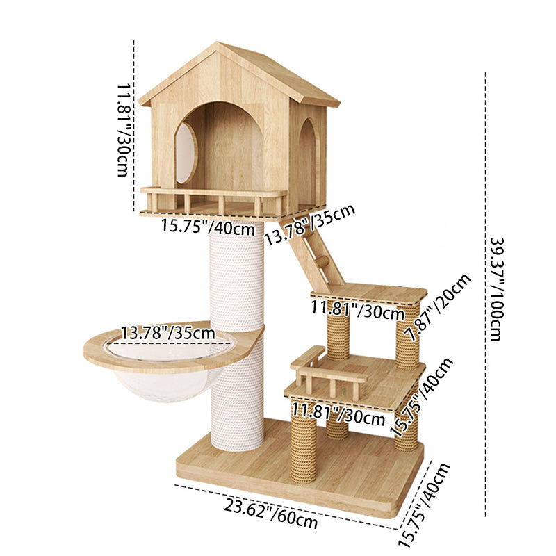Contemporary Scandinavian Rectangular Rubberwood Paper Tube Hemp Rope 2-Condo 2-Perch Cat Tree For Bedroom Cuvalon