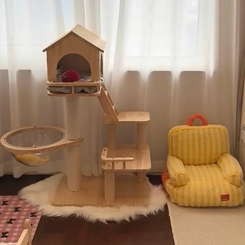 Contemporary Scandinavian Rectangular Rubberwood Paper Tube Hemp Rope 2-Condo 2-Perch Cat Tree For Bedroom Cuvalon