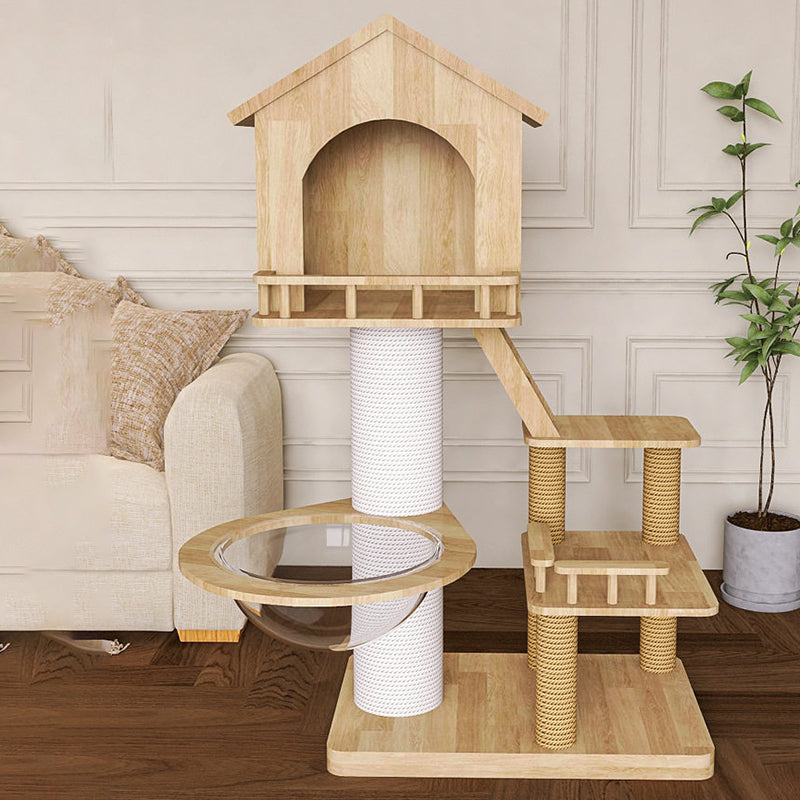 Contemporary Scandinavian Rectangular Rubberwood Paper Tube Hemp Rope 2-Condo 2-Perch Cat Tree For Bedroom Cuvalon