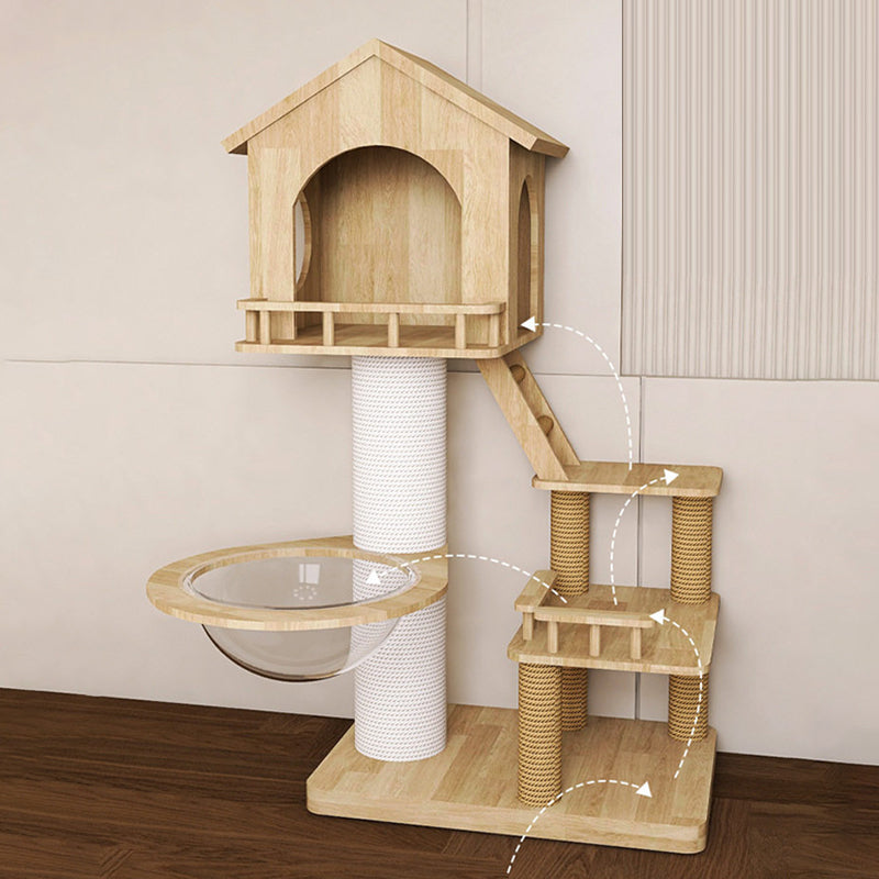 Contemporary Scandinavian Rectangular Rubberwood Paper Tube Hemp Rope 2-Condo 2-Perch Cat Tree For Bedroom Cuvalon