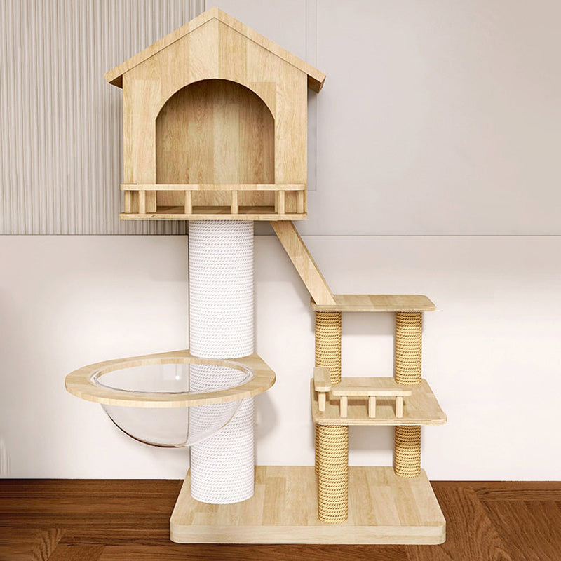 Contemporary Scandinavian Rectangular Rubberwood Paper Tube Hemp Rope 2-Condo 2-Perch Cat Tree For Bedroom Cuvalon