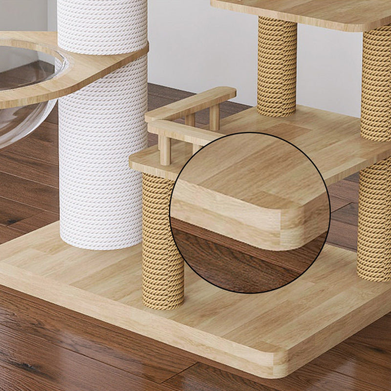 Contemporary Scandinavian Rectangular Rubberwood Paper Tube Hemp Rope 2-Condo 2-Perch Cat Tree For Bedroom Cuvalon