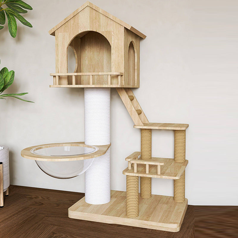 Contemporary Scandinavian Rectangular Rubberwood Paper Tube Hemp Rope 2-Condo 2-Perch Cat Tree For Bedroom Cuvalon