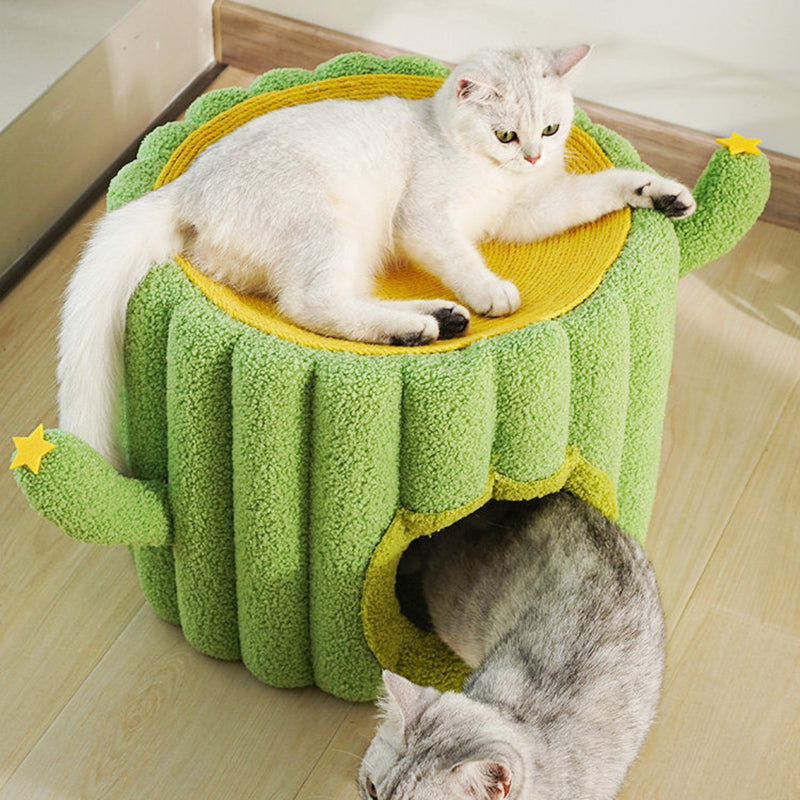 Contemporary Creative Round Velvet Fabric Hemp Rope 1-Condo Cat Bed For Bedroom Cuvalon