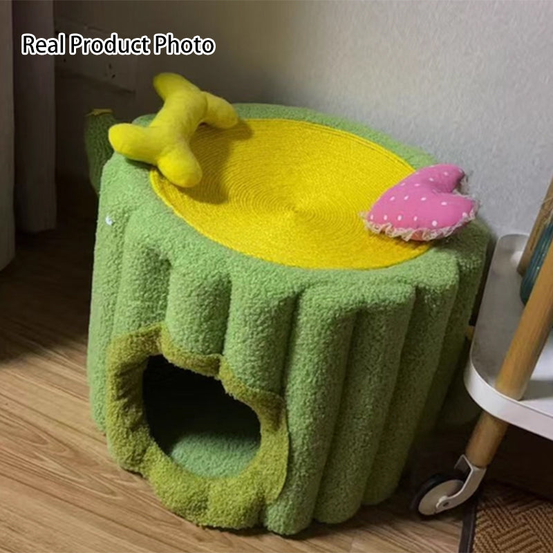 Contemporary Creative Round Velvet Fabric Hemp Rope 1-Condo Cat Bed For Bedroom Cuvalon