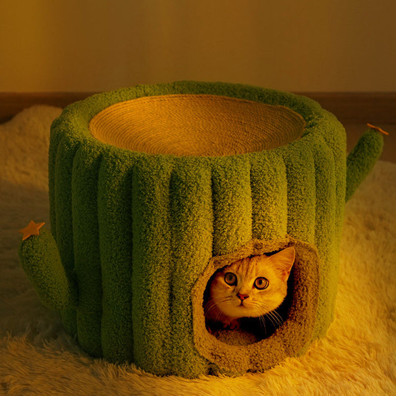 Contemporary Creative Round Velvet Fabric Hemp Rope 1-Condo Cat Bed For Bedroom Cuvalon