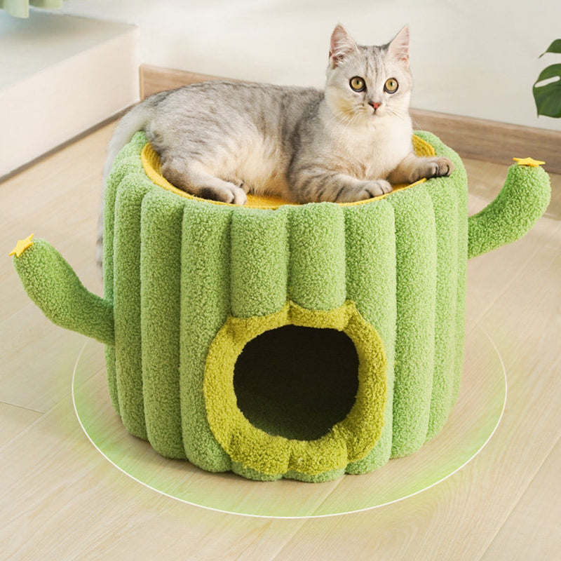 Contemporary Creative Round Velvet Fabric Hemp Rope 1-Condo Cat Bed For Bedroom Cuvalon
