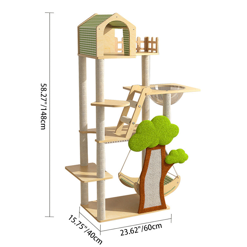 Contemporary Creative Treehouse Design Medium Density Fiberboard Sisal Kraft Paper Velvet Plastic Cotton-Linen Cat Tree & Condo 1-Hammock 1-Scratching Post For Living Room Cuvalon