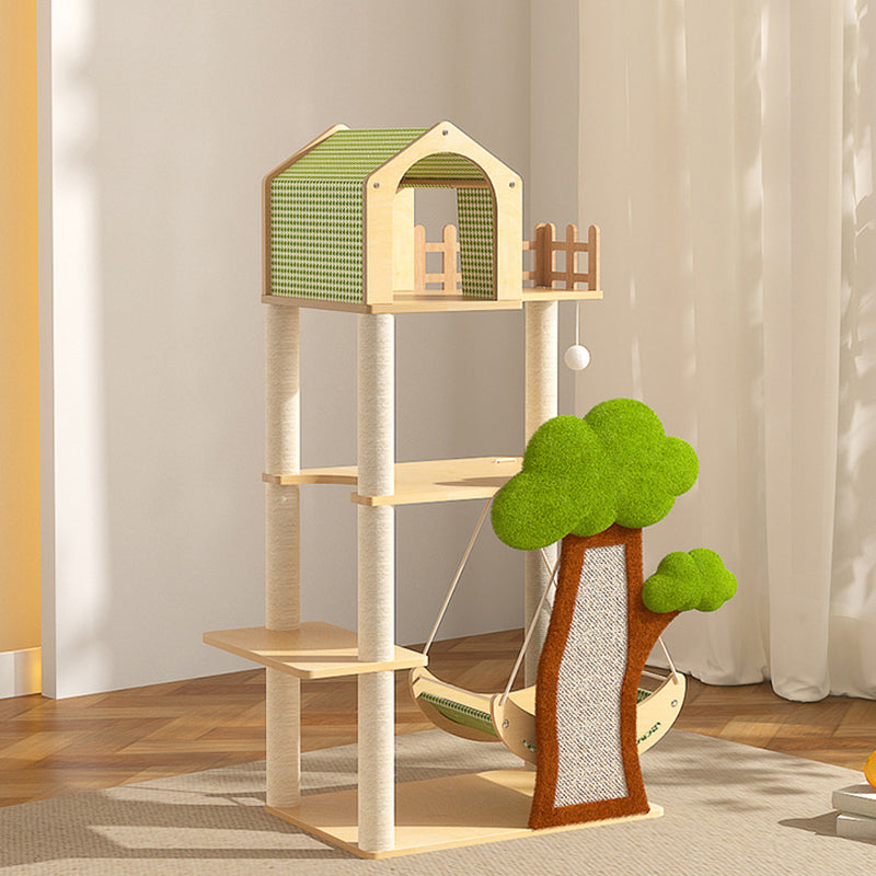 Contemporary Creative Treehouse Design Medium Density Fiberboard Sisal Kraft Paper Velvet Plastic Cotton-Linen Cat Tree & Condo 1-Hammock 1-Scratching Post For Living Room Cuvalon