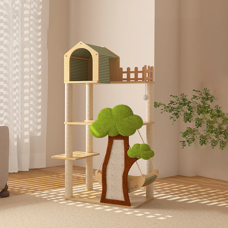 Contemporary Creative Treehouse Design Medium Density Fiberboard Sisal Kraft Paper Velvet Plastic Cotton-Linen Cat Tree & Condo 1-Hammock 1-Scratching Post For Living Room Cuvalon