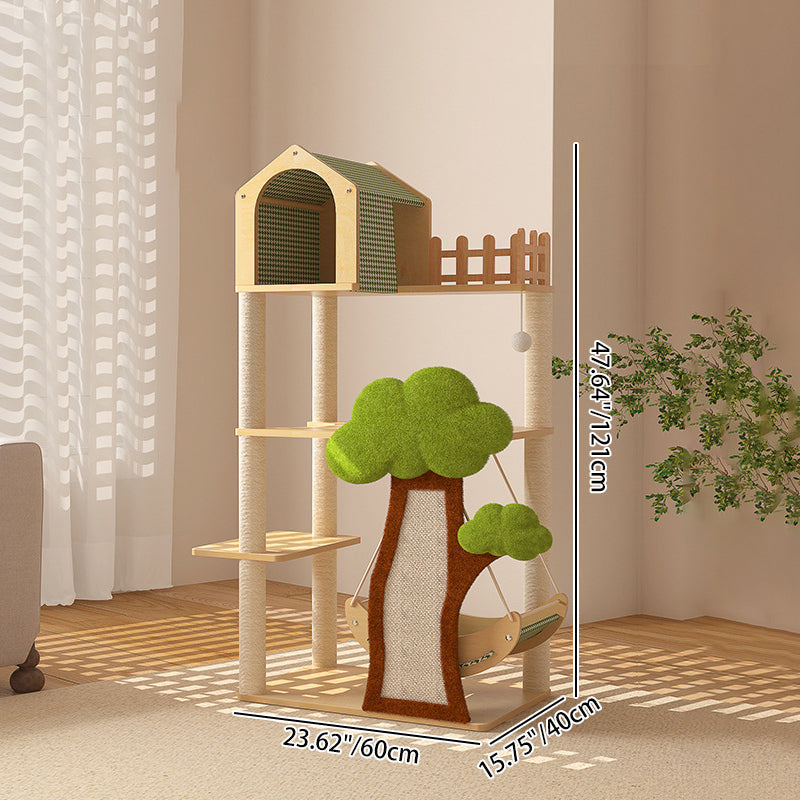Contemporary Creative Treehouse Design Medium Density Fiberboard Sisal Kraft Paper Velvet Plastic Cotton-Linen Cat Tree & Condo 1-Hammock 1-Scratching Post For Living Room Cuvalon